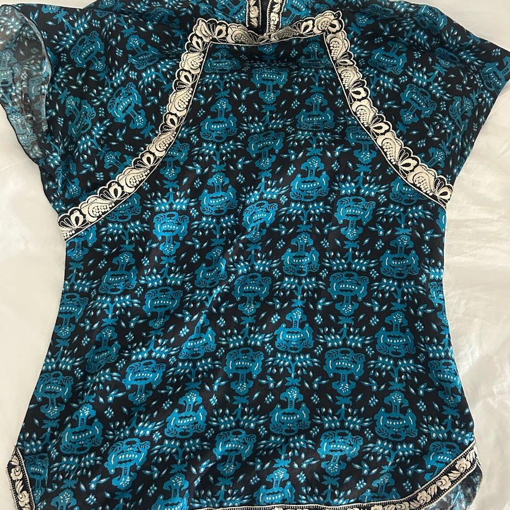 Anna Sui Teal and Black Embroidered Blouse